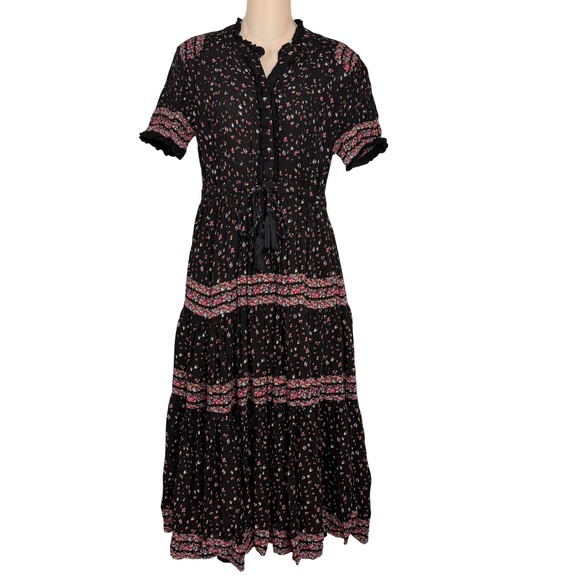 Free People Dresses & Skirts - Free People Rare Feelings Dress XS Black Gauze Floral Tiered Smocked Ruffle Midi